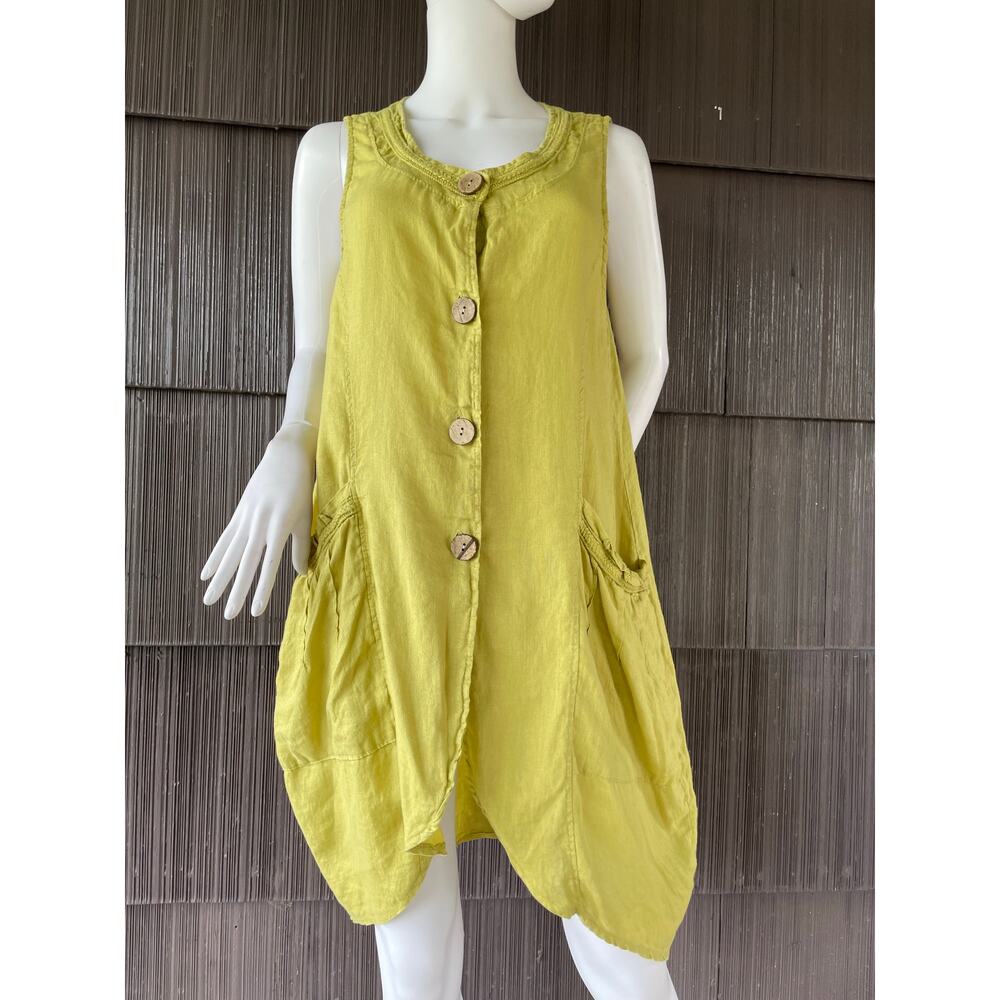 🔥Tempo Paris Made in Italy 100% Linen Mustard Green Asymmetrical Lagenlook Dress